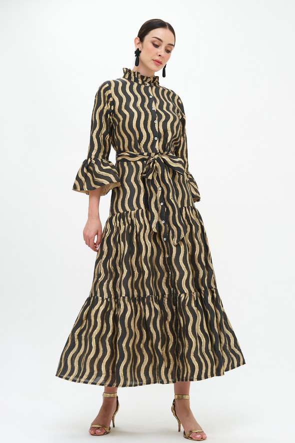 Ruffle Collar Bell Maxi- Ankara Black