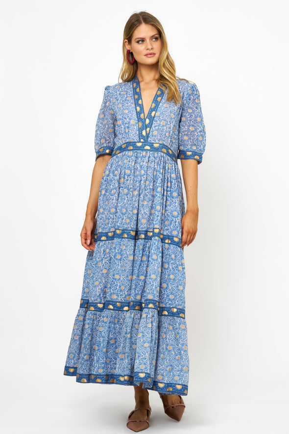 V-Neck Cuffed Maxi- Budapest Blue