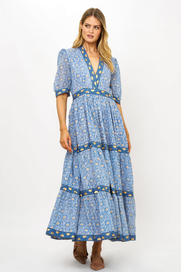 V-Neck Cuffed Maxi- Budapest Blue