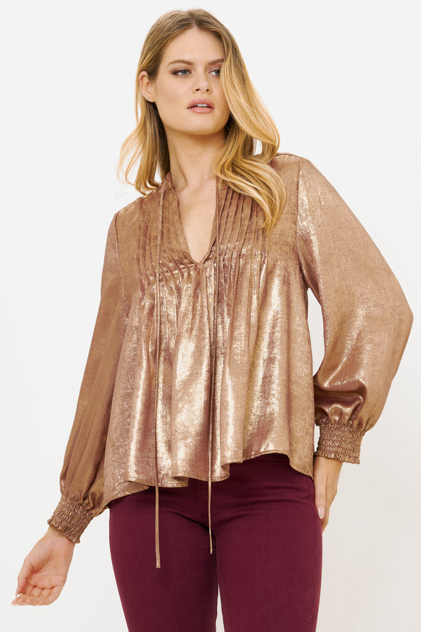 V-Neck Pintuck Blouse- Cairo Gold