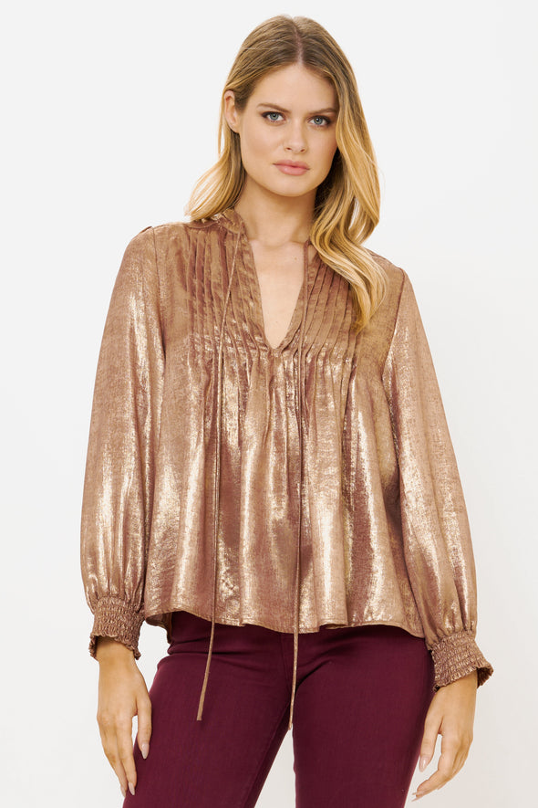 V-Neck Pintuck Blouse- Cairo Gold