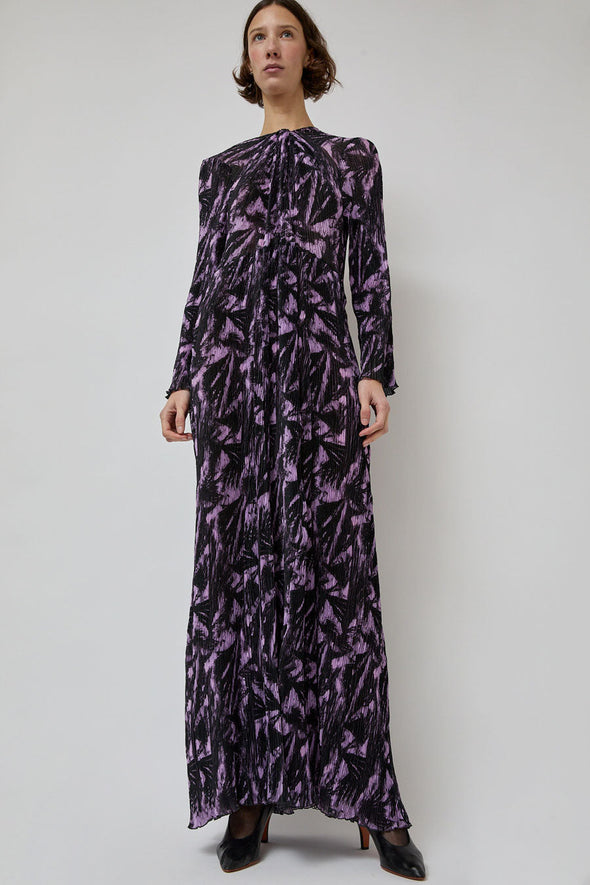 INSHADE Long Sleeve Crimped Chiffon Dress in Lilac and Black Abstract