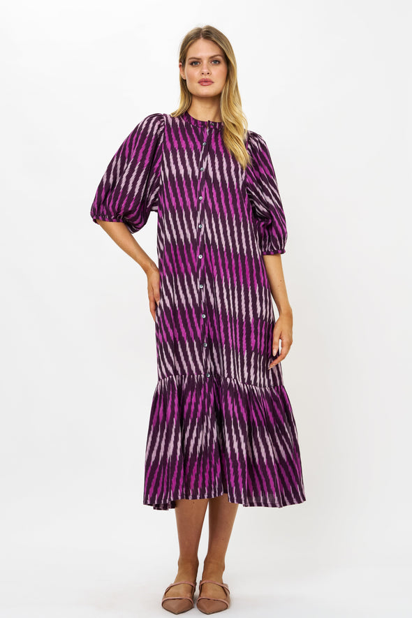 Button Puff Midi- Ikat Purple