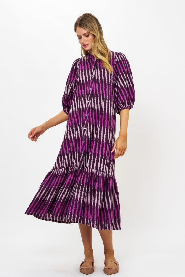 Button Puff Midi- Ikat Purple