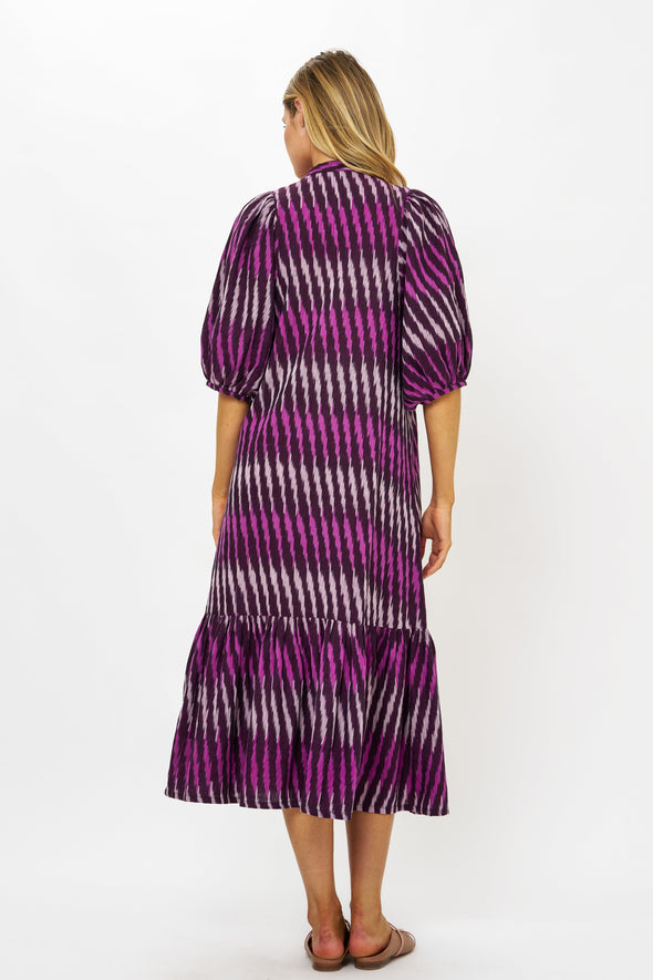 Button Puff Midi- Ikat Purple