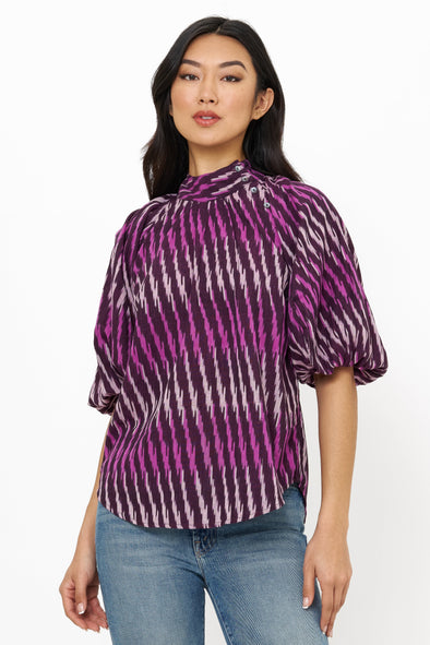 Button Neck Blouse- Ikat Purple