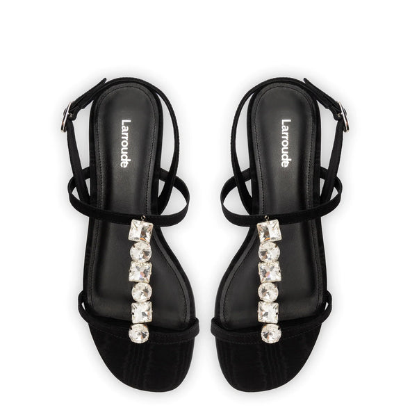 Calypso Flat Sandal In Black Fabric and Crystals