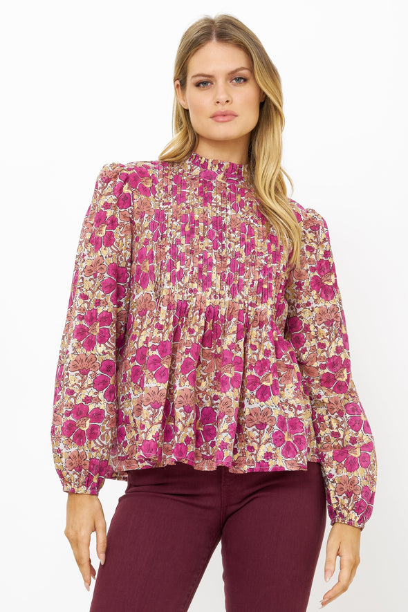 Long Sleeve Pintuck Blouse- Matera Pink