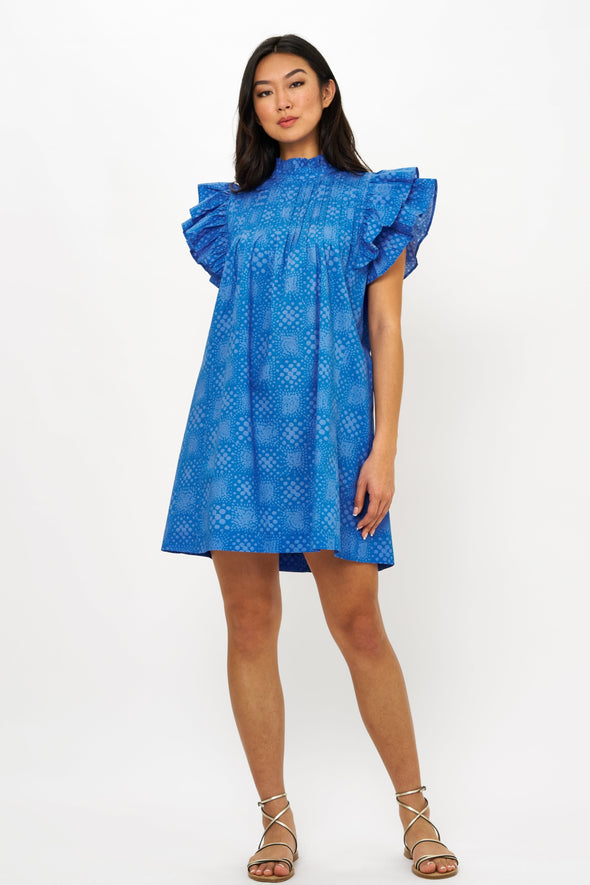 Pintuck Ruffle Mini Dress- Matrix Blue