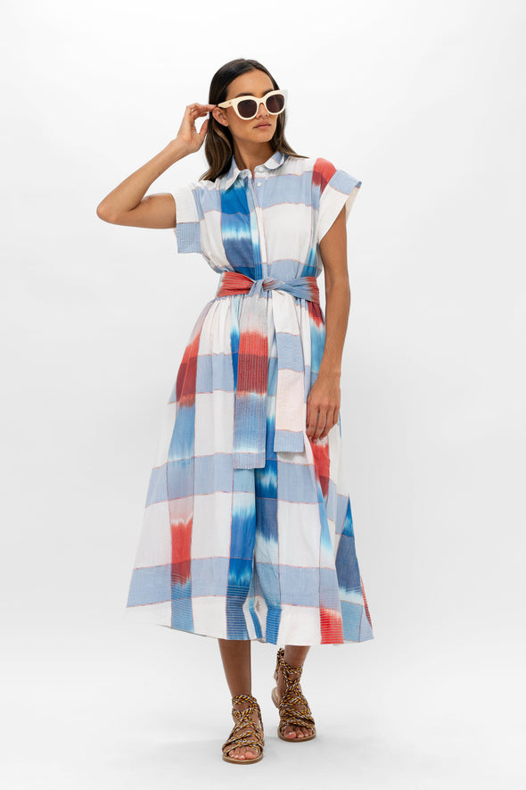 Belted Shirt Dress Midi- Montauk Blue