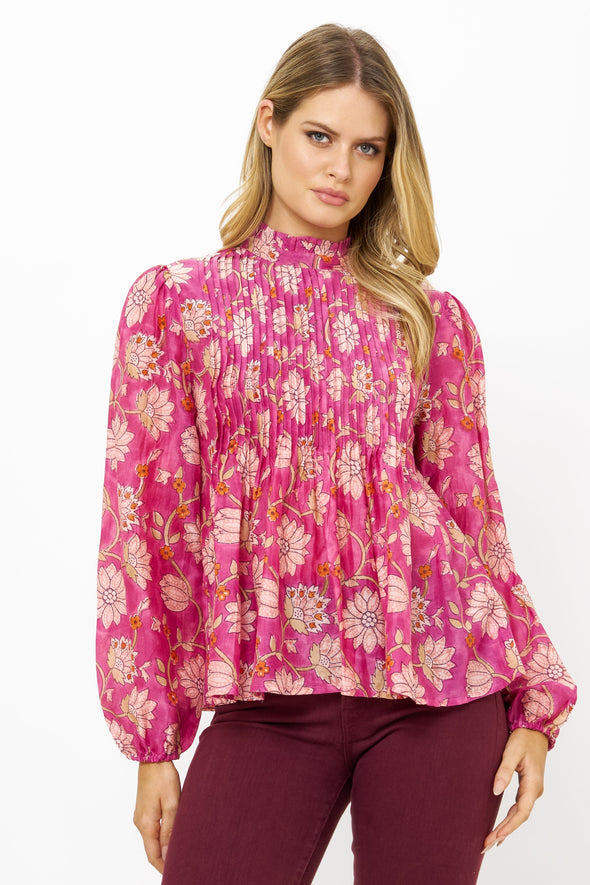 Long Sleeve Pintuck Blouse- Presidio Magenta