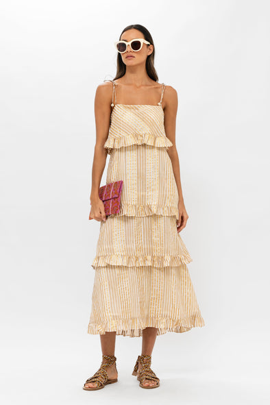 Tie Strap Ruffle Midi- Samoa Tan Gold