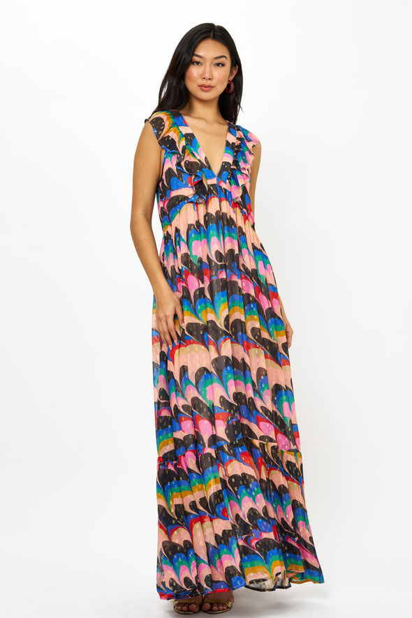 Ruffle V-Neck Maxi- Venice Blue