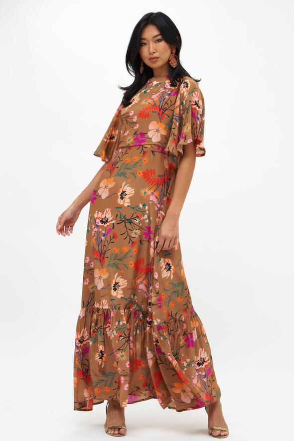 Flirty Mock Neck Maxi- Woodland Mocha